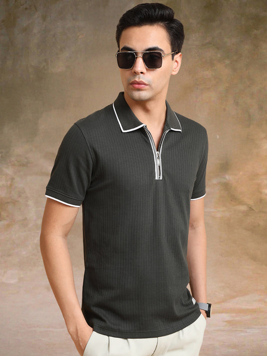 Pointel HalfZipper Olive Half Sleeve Polo T-Shirt