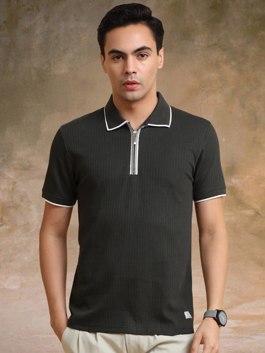 Pointel HalfZipper Olive Half Sleeve Polo T-Shirt