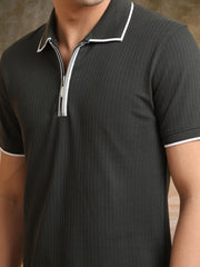 Pointel HalfZipper Olive Half Sleeve Polo T-Shirt