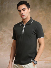 Pointel HalfZipper Olive Half Sleeve Polo T-Shirt