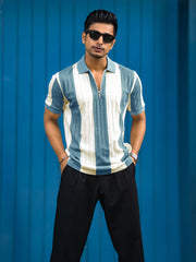 Bold Stripe Blue Half Sleeve Polo T-Shirt