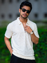Puff Terry Cream Half Sleeve Polo T-Shirt