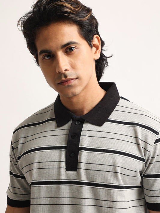 Neutral Stripe Grey, Black Half Sleeve Polo T-Shirt