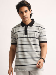 Neutral Stripe Grey, Black Half Sleeve Polo T-Shirt