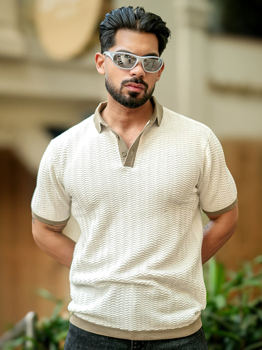Wave Faltknit White Green Polo T-Shirt
