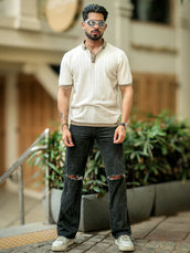 Wave Faltknit White Green Half Sleeve Polo T-Shirt