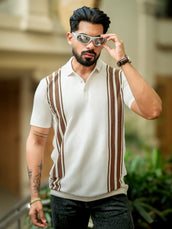 Vertical Stripe White Flatknit Half Sleeve Polo T-Shirt