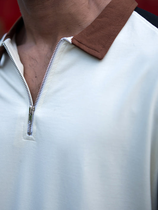 Color Block Cream, Black Half Sleeve Polo T-Shirt