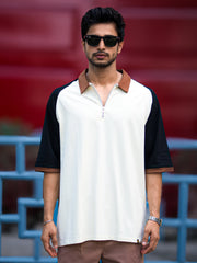Color Block Cream, Black Half Sleeve Polo T-Shirt