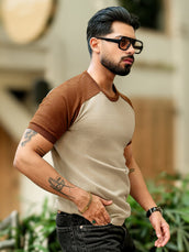 Beige half sleeve flat knit raglan t-shirt for men - view 4