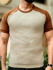 Beige half sleeve flat knit raglan t-shirt for men - view 3