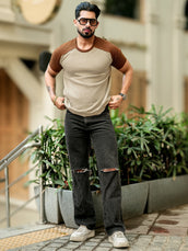 Beige half sleeve flat knit raglan t-shirt for men - view 6