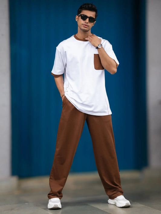 Solid White, Brown Co-Ords Set