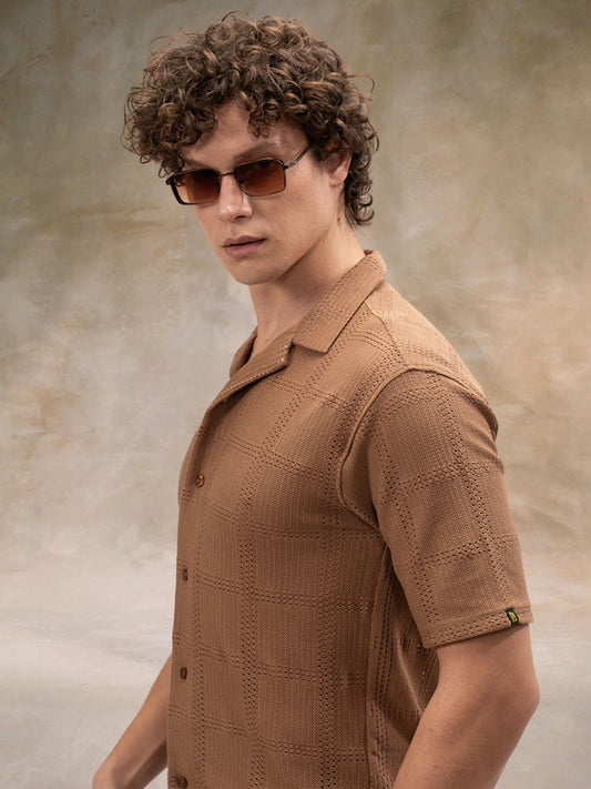 Rustic Knit Light Brown Half Sleeve Shirt