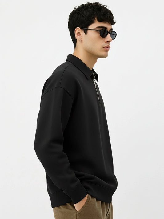 Cozy Cut Polo Zipper Full Sleeve Black Sweatshirt