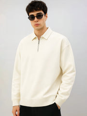 Cozy Cut Polo Zipper Full Sleeve Cream Sweatshirt