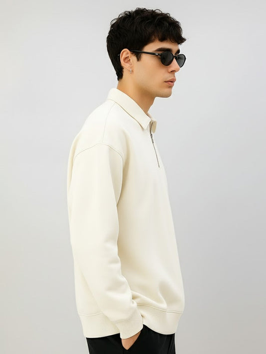 Cozy Cut Polo Zipper Full Sleeve Cream Sweatshirt