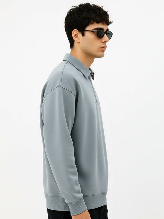Cozy Cut Polo Zipper Full Sleeve Light Grey Sweatshirt
