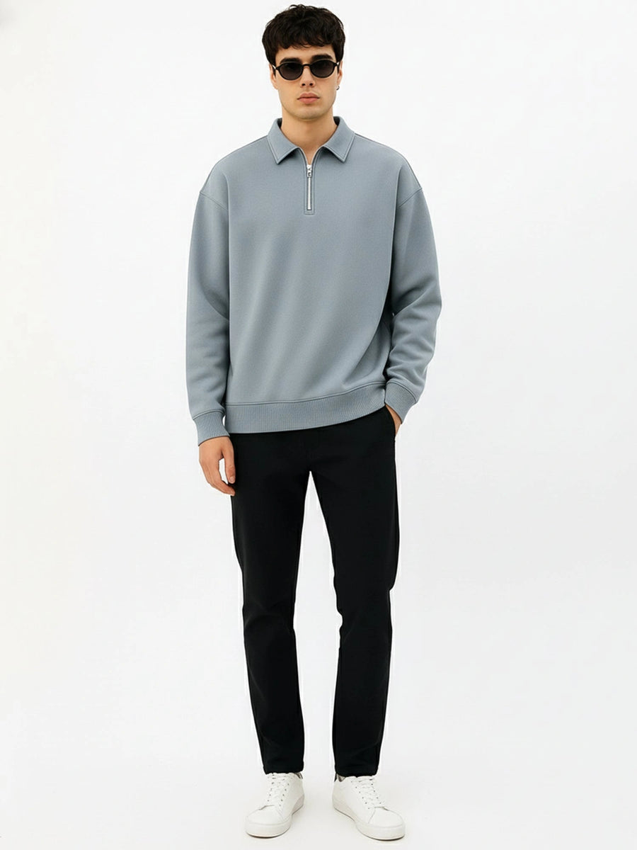 Cozy Cut Polo Zipper Full Sleeve Light Grey Sweatshirt
