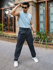Single Pleat Black Linen Blend Trouser