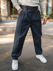 Double Pleat Black Linen Blend Trouser