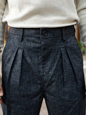 Double Pleat Black Linen Blend Trouser