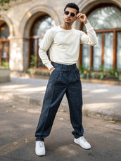 Double Pleat Black Linen Blend Trouser