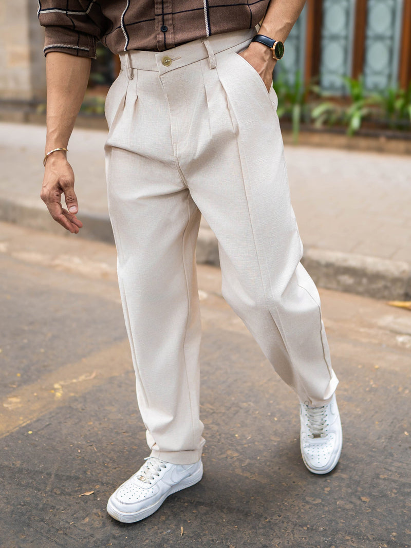 Double Pleat Khaki Linen Blend Trouser