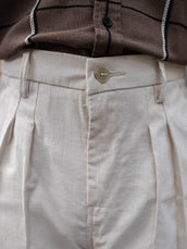 Double Pleat Khaki Linen Blend Trouser