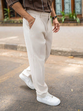 Double Pleat Khaki Linen Blend Trouser