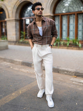 Double Pleat Khaki Linen Blend Trouser