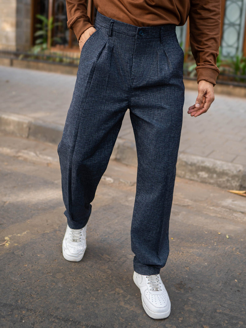 Double Pleat Navy Linen Blend Trouser