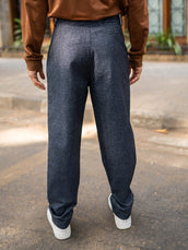 Double Pleat Navy Linen Blend Trouser