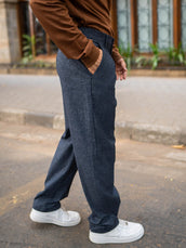 Double Pleat Navy Linen Blend Trouser