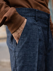 Double Pleat Navy Linen Blend Trouser