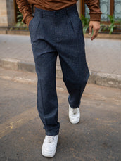 Double Pleat Navy Linen Blend Trouser
