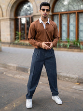 Double Pleat Navy Linen Blend Trouser