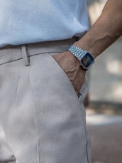 Sky blue double pleat linen trousers for men - view 5