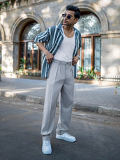 Sky blue double pleat linen trousers for men - view 7