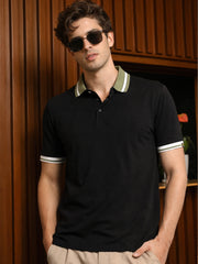 Contrast Collar Black Half Sleeve Polo T-Shirt