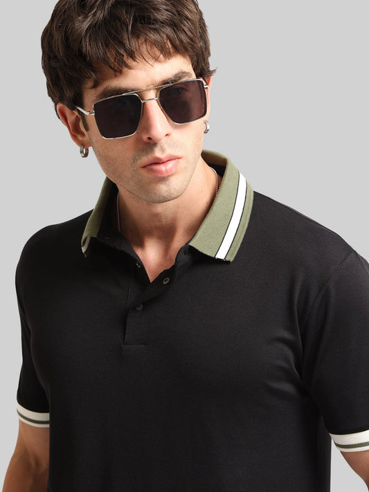 Contrast Collar Black Half Sleeve Polo T-Shirt