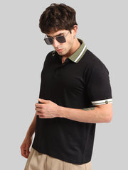 Contrast Collar Black Half Sleeve Polo T-Shirt