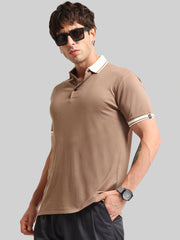 Contrast Collar Brown Half Sleeve Polo T-Shirt