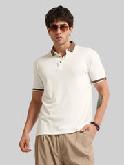 Contrast Collar Cream Half Sleeve Polo T-Shirt