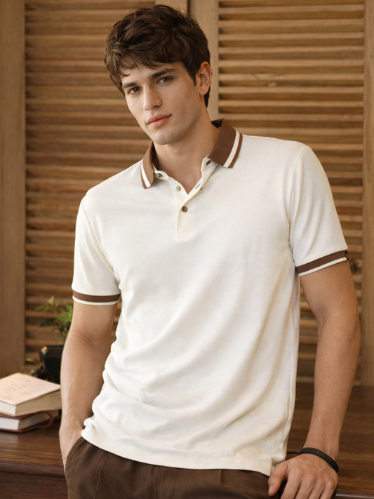 Contrast Collar Cream Half Sleeve Polo T-Shirt