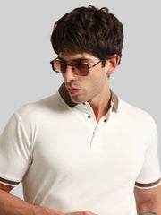 Contrast Collar Cream Half Sleeve Polo T-Shirt
