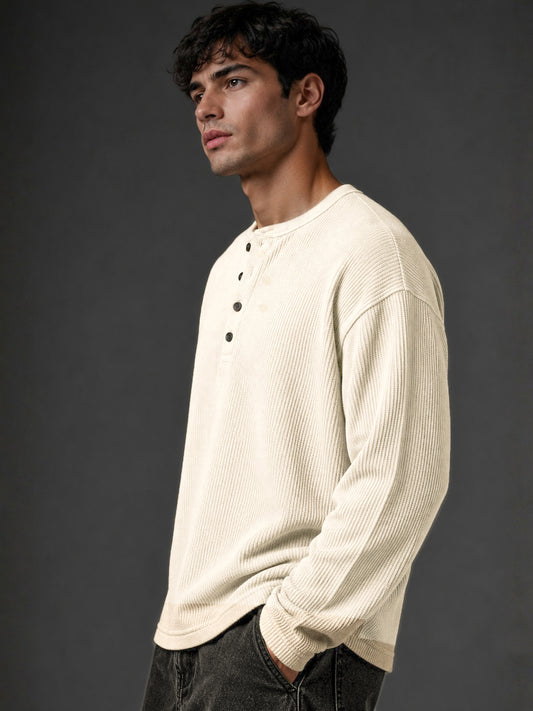 Cream Waffle Henley Full Sleeve Tshirt