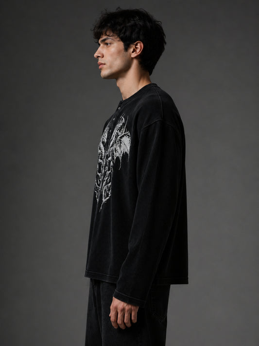Dragon Black Waffle Henley Full Sleeve T-Shirt