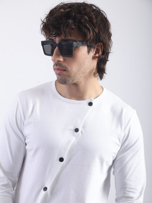 Irregular Side Button White T-Shirt