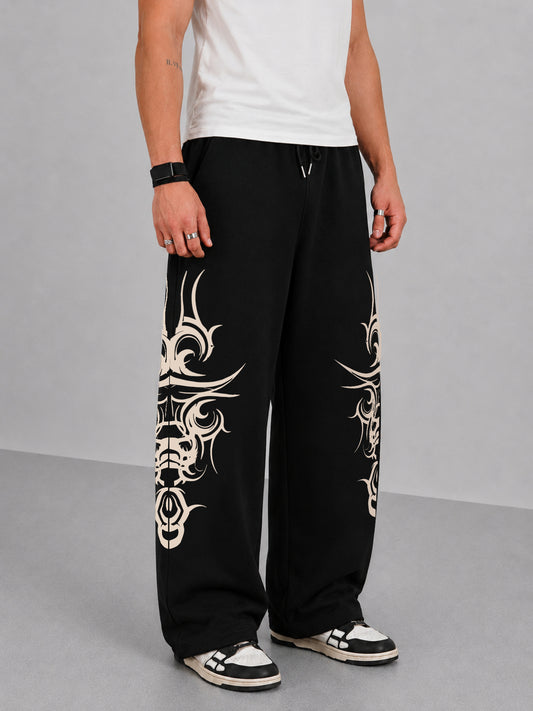 Gothic Print Black Barrel Fit Pant